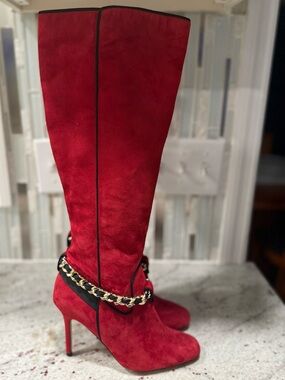 Karl Lagerfeld Maryam Red Suede Knee High Boots with Chain Trim